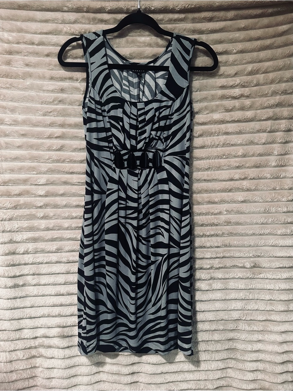 Y2K Enfocus Studio Black and Gray Zebra-Print Belted Midi Dress
